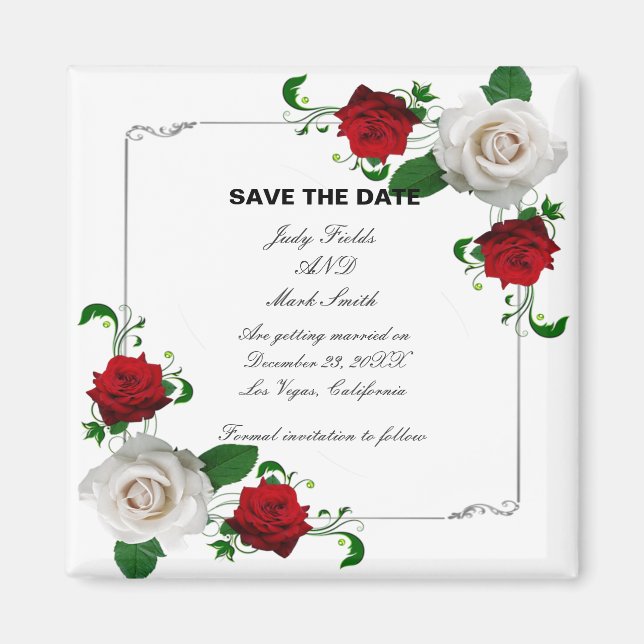 Red & White Roses Christmas Wedding Save The Date Magnet (Front)