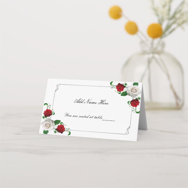 Red & White Roses Christmas Wedding Table Place Card (Front)