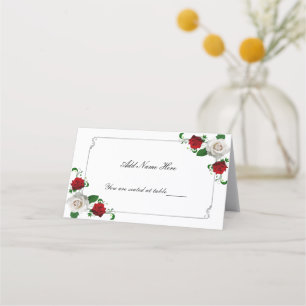 Red & White Roses Christmas Wedding Table Place Card