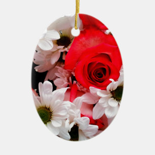 Red-White-Roses-Daisies-Bouquet-Oval Ornament