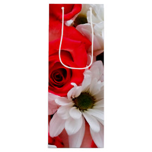 Red-White-Roses-Daisies Bouquet-WINE GIFT BAG