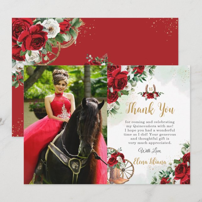Red White Roses Floral Boots Charro Quinceañera Thank You Card (Front/Back)