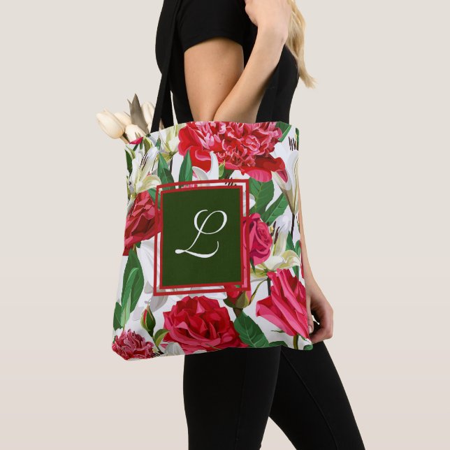 Red White Roses Floral Flowers Monogram Custom Tote Bag (Close Up)