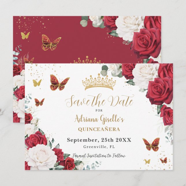 Red White Roses Floral Gold Quinceañera Sweet 16 Save The Date (Front/Back)