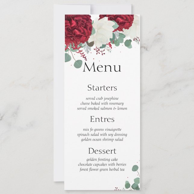 Red & white roses set 15 wedding Menu card (Front)