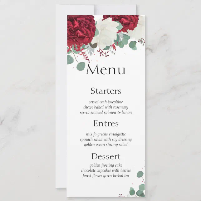 Red & white roses set 15 wedding Menu card | Zazzle