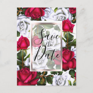 Red & White Roses Shabby Chic Glam Save the Date Announcement Postcard