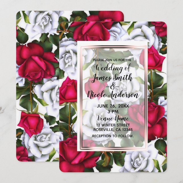 Red & White Roses Shabby Chic Glam Wedding Invitation (Front/Back)