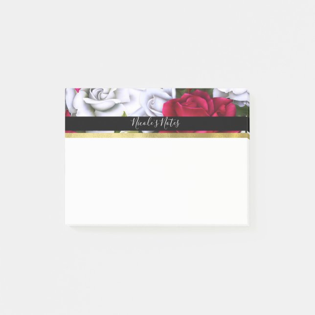 Red & White Roses Shabby Chic Modern Personalised Post-it Notes (Front)