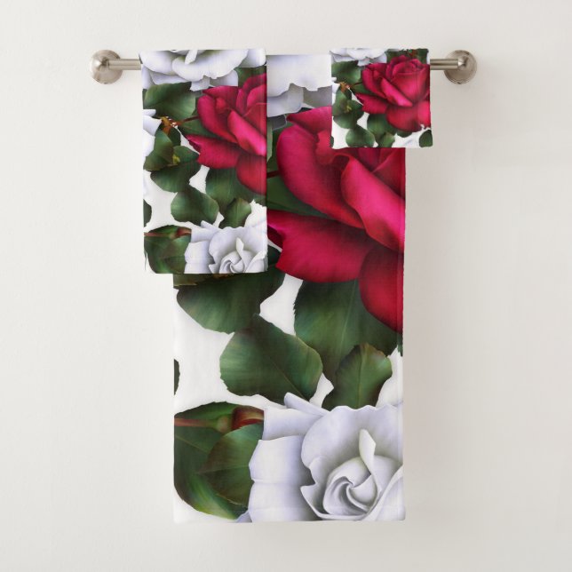 Red & White Roses Shabby Chic Rustic Modern Glam Bath Towel Set (Insitu)