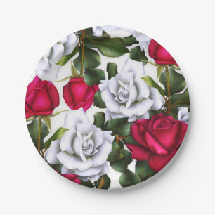 Red & White Roses Shabby Chic Rustic Modern Glam Paper Plate