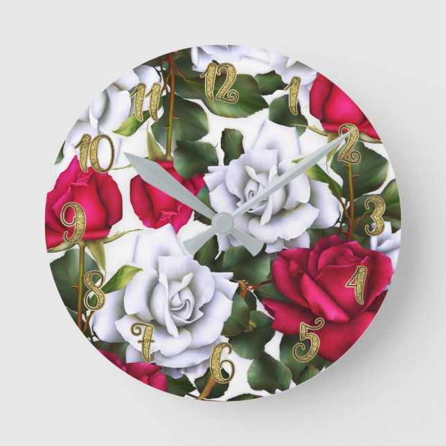 Red & White Roses Shabby Chic Rustic Modern Glam Round Clock (Front)
