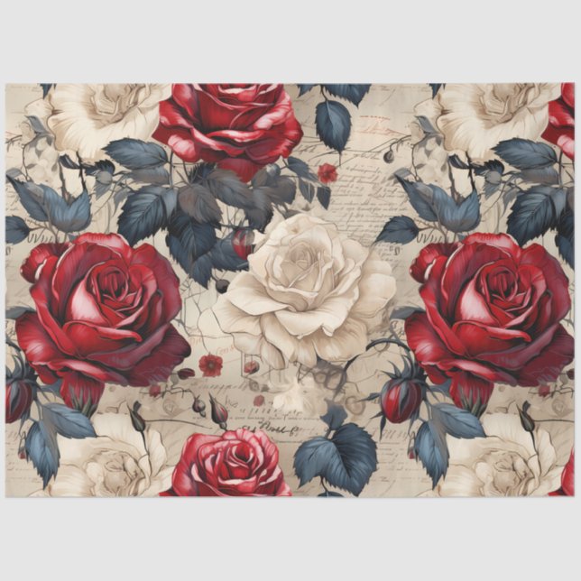 Red & White Roses Vintage Inspired Decoupage Tissue Paper (Front)