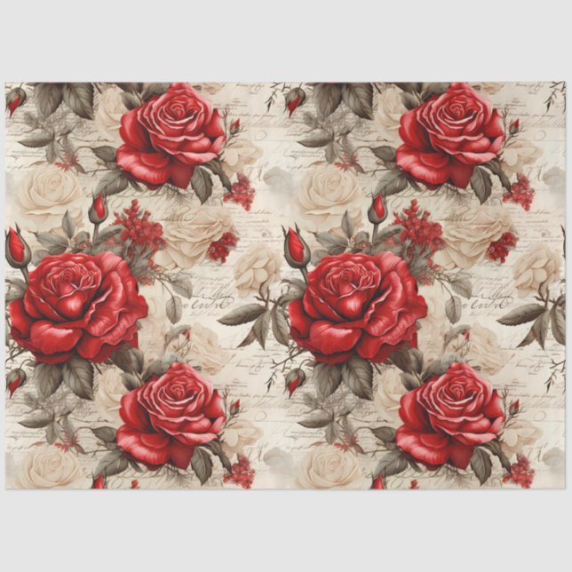 Red & White Roses Vintage Inspired Decoupage Tissue Paper (Front)