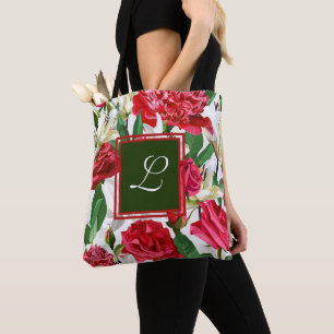 Red White Roses Watercolor Flowers Monogram Tote Bag