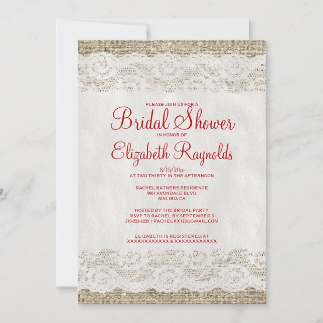 Red & White Rustic Lace Bridal Shower Invitations (Front)