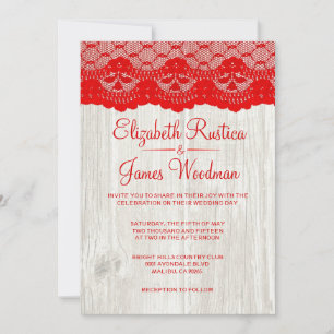 Red & White Rustic Lace Wood Wedding Invitations