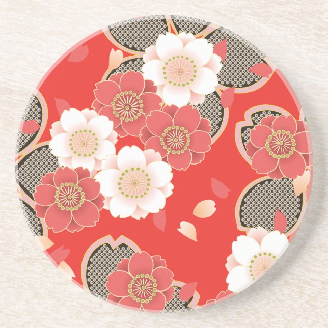 Red & White Sakura Japanese Kimono Coaster (Front)