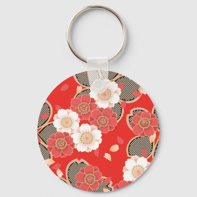 Red & White Sakura Japanese Kimono Key Ring (Front)