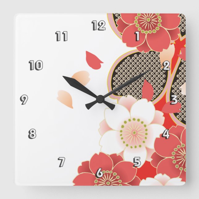 Red & White Sakura Japanese Kimono Square Wall Clock (Front)