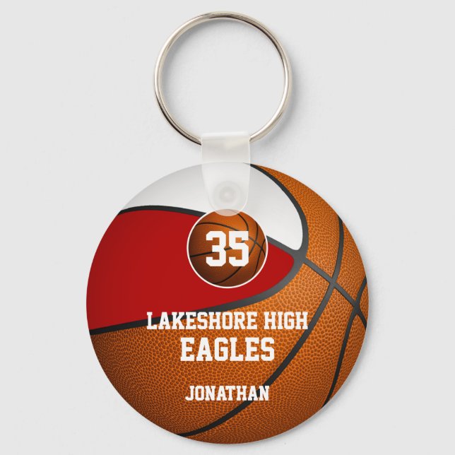 Red white school colours boys' basketball team key ring (Front)