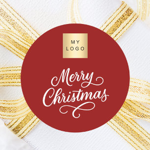 Red white script business Christmas Classic Round Sticker