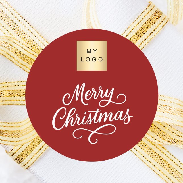 Red white script business Christmas Classic Round Sticker (Creator Uploaded)