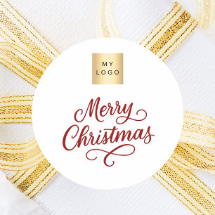 Red white script business Christmas Classic Round Sticker