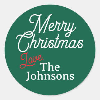 Red White Script Custom Name Merry Christmas Green Classic Round Sticker