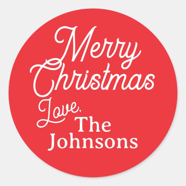 Red White Script Custom Name Merry Christmas Label (Front)