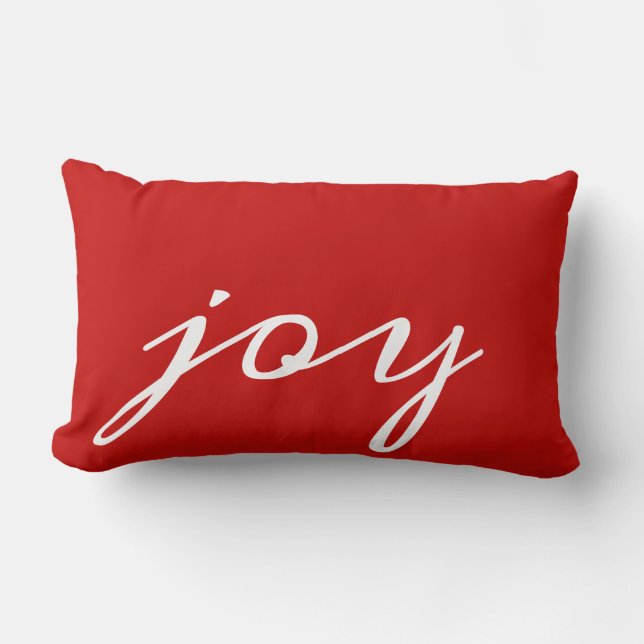 Red White Script Lettering Joy Festive Christmas Lumbar Cushion (Front)