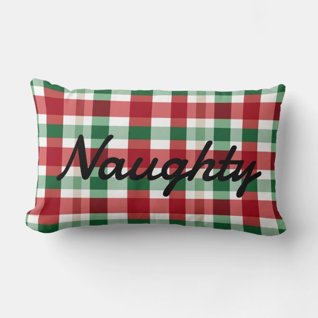 Red White Script Lettering Naughty or Nice Lumbar Cushion (Front)