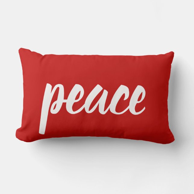 Red White Script Lettering Peace Festive Christmas Lumbar Cushion (Front)