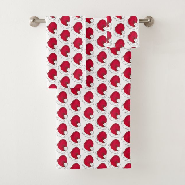 Red White Secret Santa Claus Hat Christmas Holiday Bath Towel Set (Insitu)