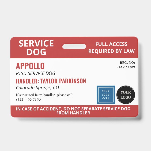 Red White Service Dog 2 Logos No Photo ID Badge (Front)