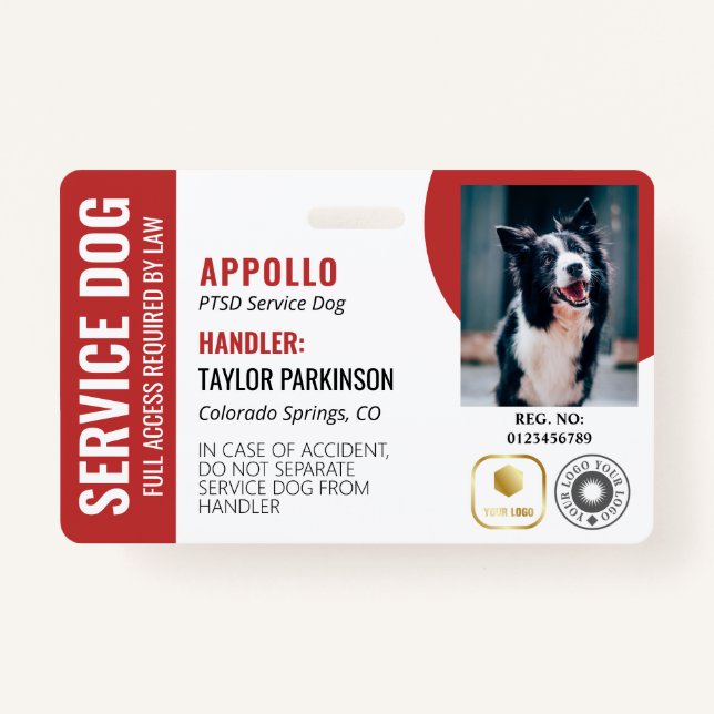 Red White Service Dog 2 Logos & Photo ID ID Badge (Front)
