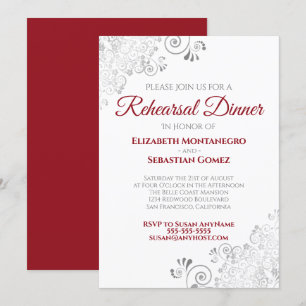 Red & White Silver Curls Wedding Rehearsal Dinner Invitation