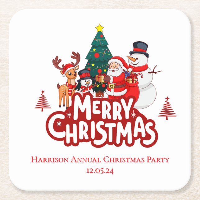 Red & White Simple Merry Christmas Square Paper Coaster (Front)
