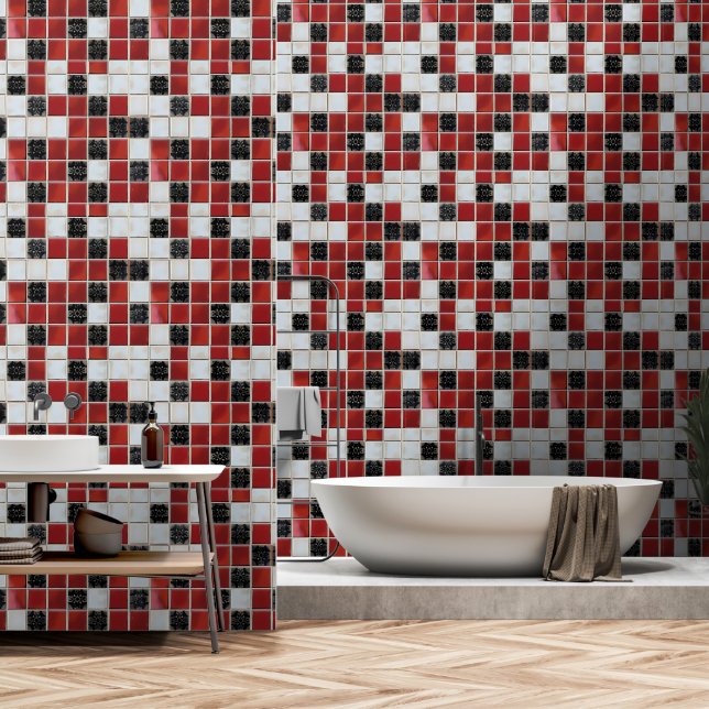 Red White Small Tile Pattern Wallpaper (Bathroom)