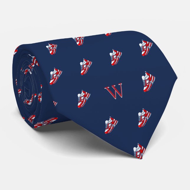 Red White Sneaker Collector Monogram Initial Navy Tie (Rolled)