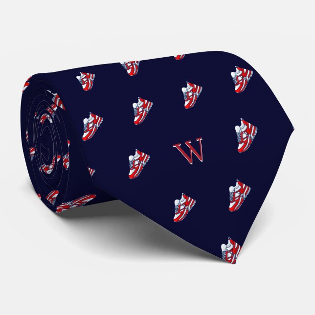 Red White Sneakers Monogram Initial Midnight Blue Tie (Rolled)