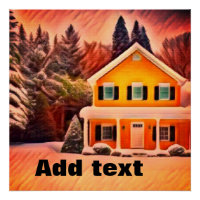 Red white snow fairy house in a garden add text