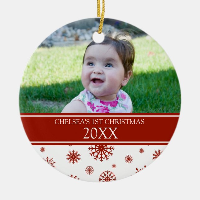 Red White Snow Photo Baby's 1st Christmas Ornament (Front)