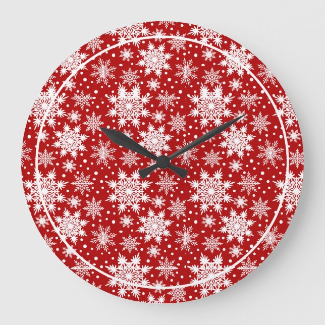 Red & White Snowflake Christmas Classic Pattern  Large Clock (Front)