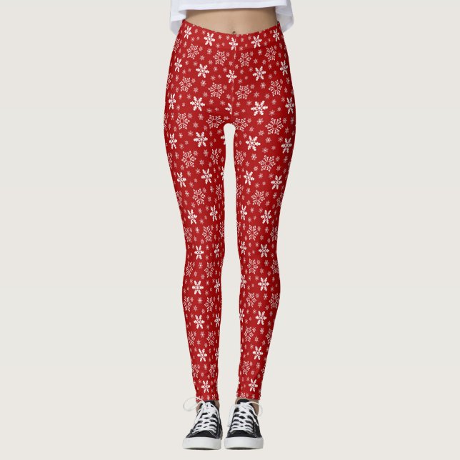 Red White Snowflake Christmas Holiday Winter Leggings (Front)