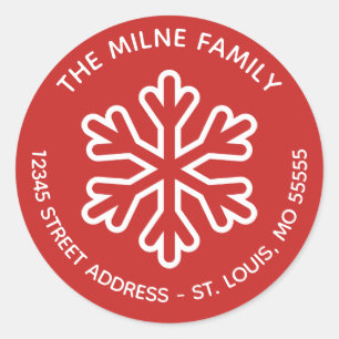 Red & White Snowflake - Circle Return Address Classic Round Sticker