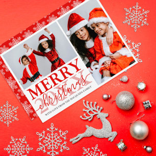 Red White Snowflake Family Photo Collage Christmas Holiday Card