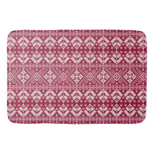 Red & White Snowflake & Floral Fair Isle Christmas Bath Mat