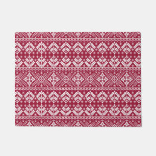 Red & White Snowflake & Floral Fair Isle Christmas Doormat