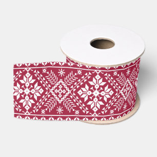 Red & White Snowflake & Floral Fair Isle Christmas Grosgrain Ribbon